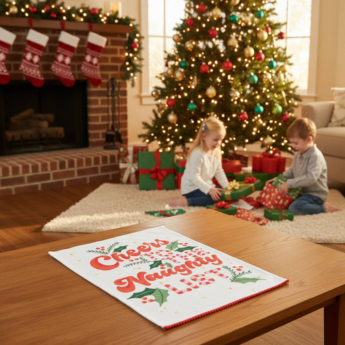 Naughty List w/Pom Poms Kitchen Towel