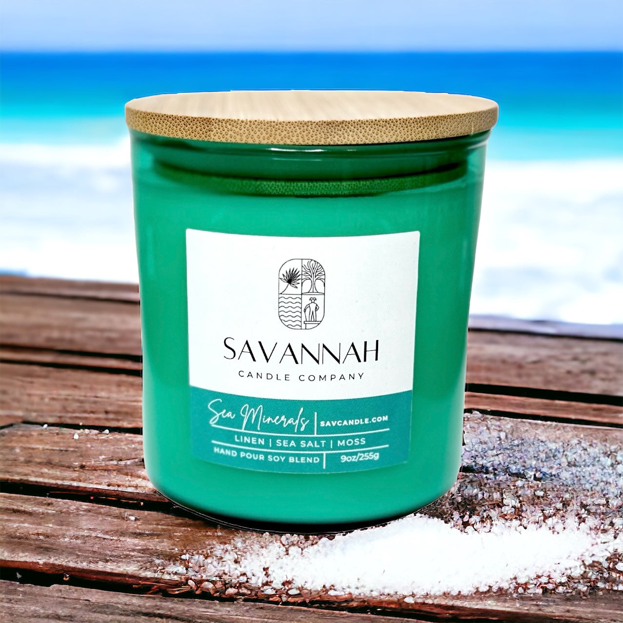 SEA MINERALS - 9oz - Aqua Glass/Wood Lid - Tybee Collection