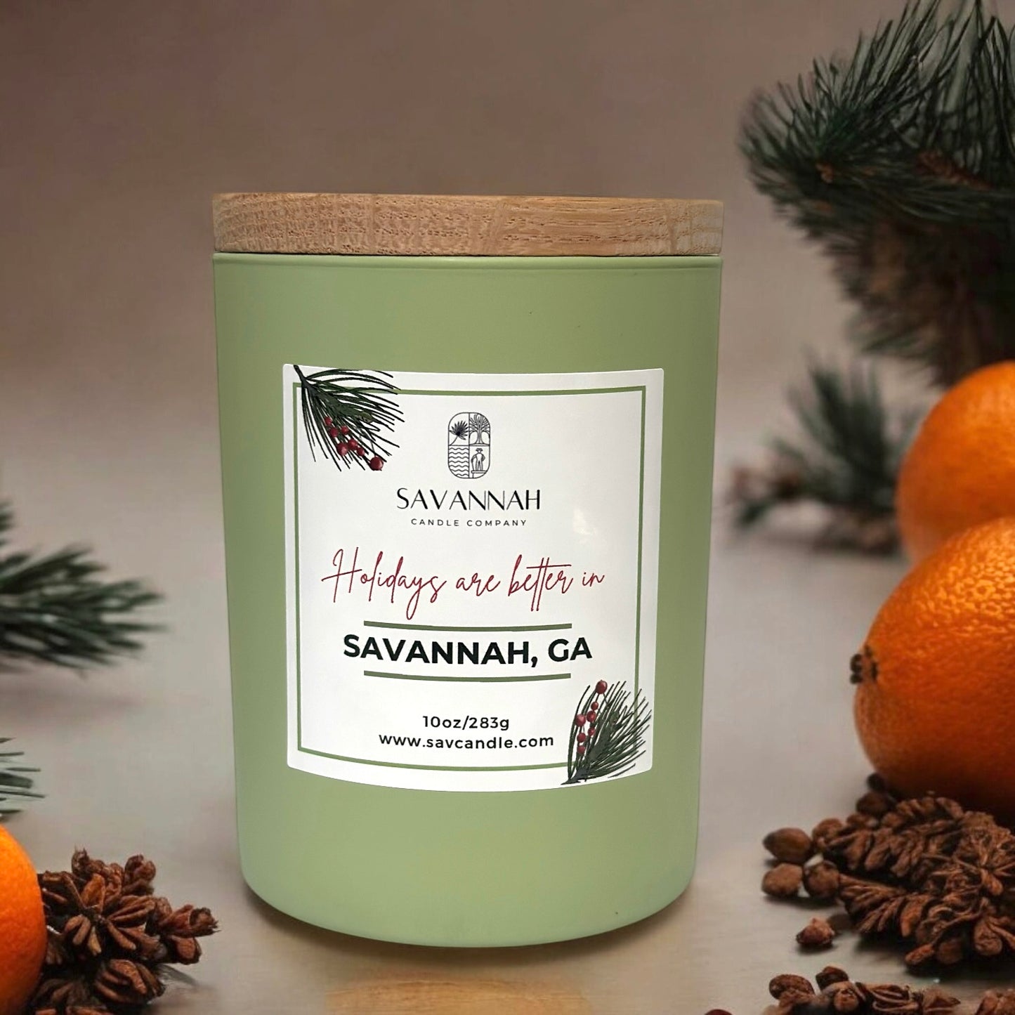 SAVANNAH HOLIDAY - 10oz Matte Sage Glass - Oak Lid