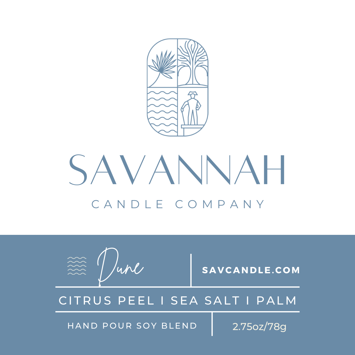 A clean product label card for Savannah Candle Company, showing the brand name and logo at the top and product details for 'Dune' soy blend candle below on a blue background. Fragrance is citrus peel, sea salt, and palm 