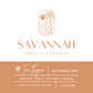 A product label card for Savannah Candle Company's Tea Thyme scent. The top half is white with the brand's logo and name in a muted peach/copper color.