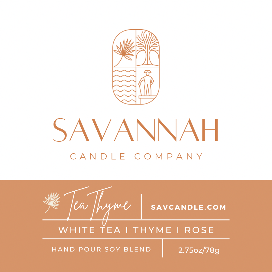 A product label card for Savannah Candle Company's Tea Thyme scent. The top half is white with the brand's logo and name in a muted peach/copper color.