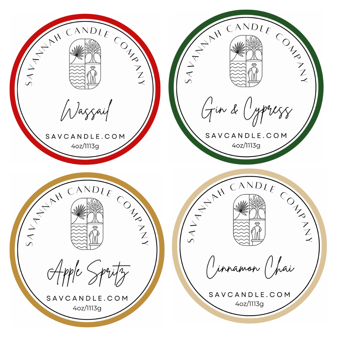 Four labels from Savannah Candle Company with different colored borders and product names.