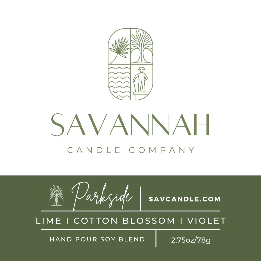 Savannah Candle Company branding and scent label graphic for Parkside, showing the brand name, website, and product details for a hand pour soy blend in lime, cotton blossom, and violet.