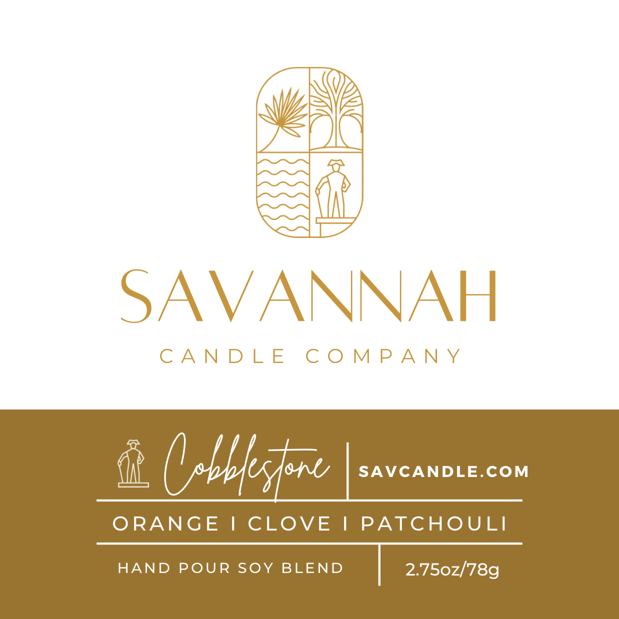 Savannah Candle Company label design with a gold logo and brand name on a white background above, and product details for Cobblestone scent on a gold band at the bottom including 'Orange | Clove | Patchouli' and 'Hand Pour Soy Blend 2.75oz/78g'.