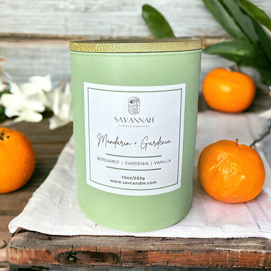 MANDARIN + GARDENIA - 10oz Matte Sage Glass - Bamboo Lid