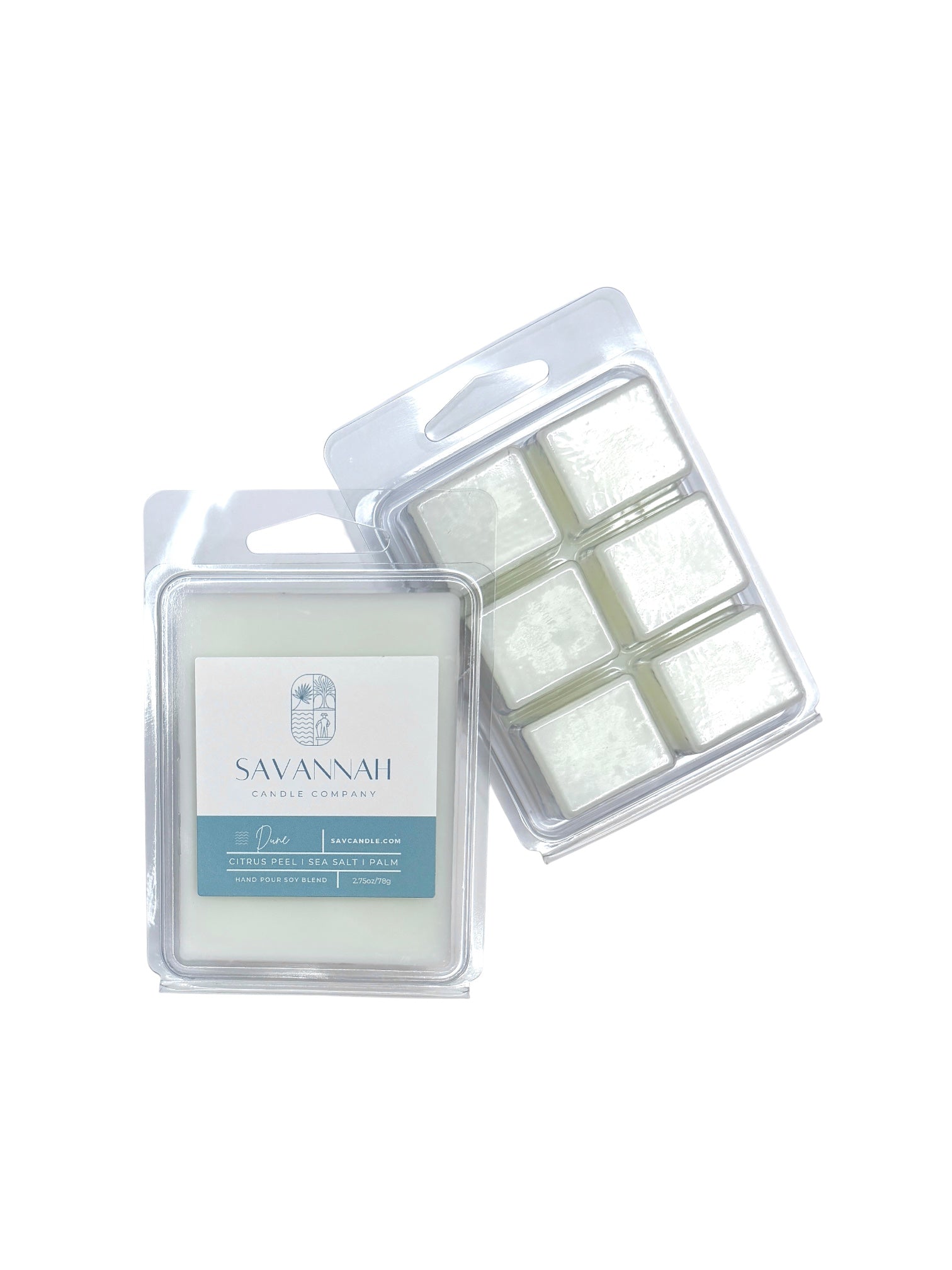 Two packages of Savannah Candle Company wax melts on a white background, one showing the front label and the other showing the wax cubes inside.