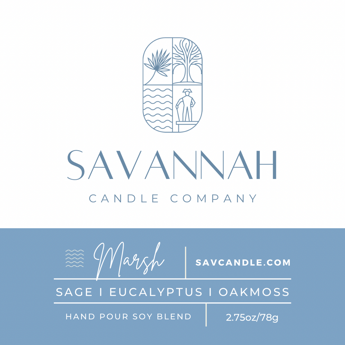 Savannah Candle Company product label for the 'Marsh' scent. The top half is white with a blue line-art logo and the brand name 'SAVANNAH CANDLE COMPANY'. Fragrance is sage, eucalyptus, and moss 
