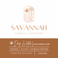 Savannah Candle Company branding and product label artwork for Deep Water, showing a white upper section with the Savannah Candle Company name and logo, and a brown lower section with the scent name, website, ingredients, and weight.