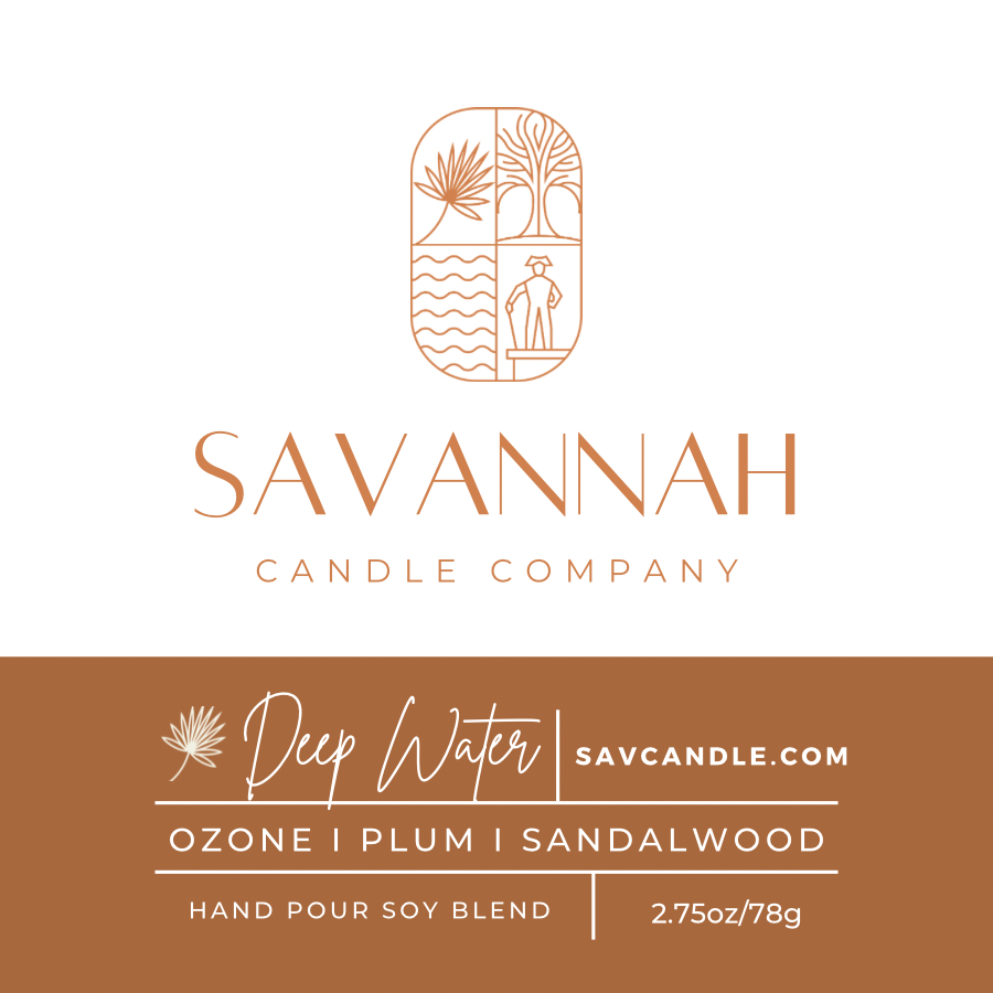 Savannah Candle Company branding and product label artwork for Deep Water, showing a white upper section with the Savannah Candle Company name and logo, and a brown lower section with the scent name, website, ingredients, and weight.