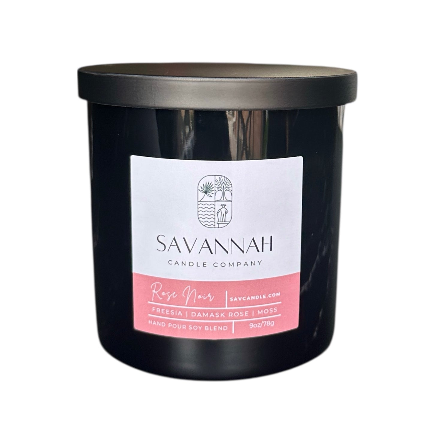 Black candle with a label from Savannah Candle Company on a white background.  Rose fragrance.